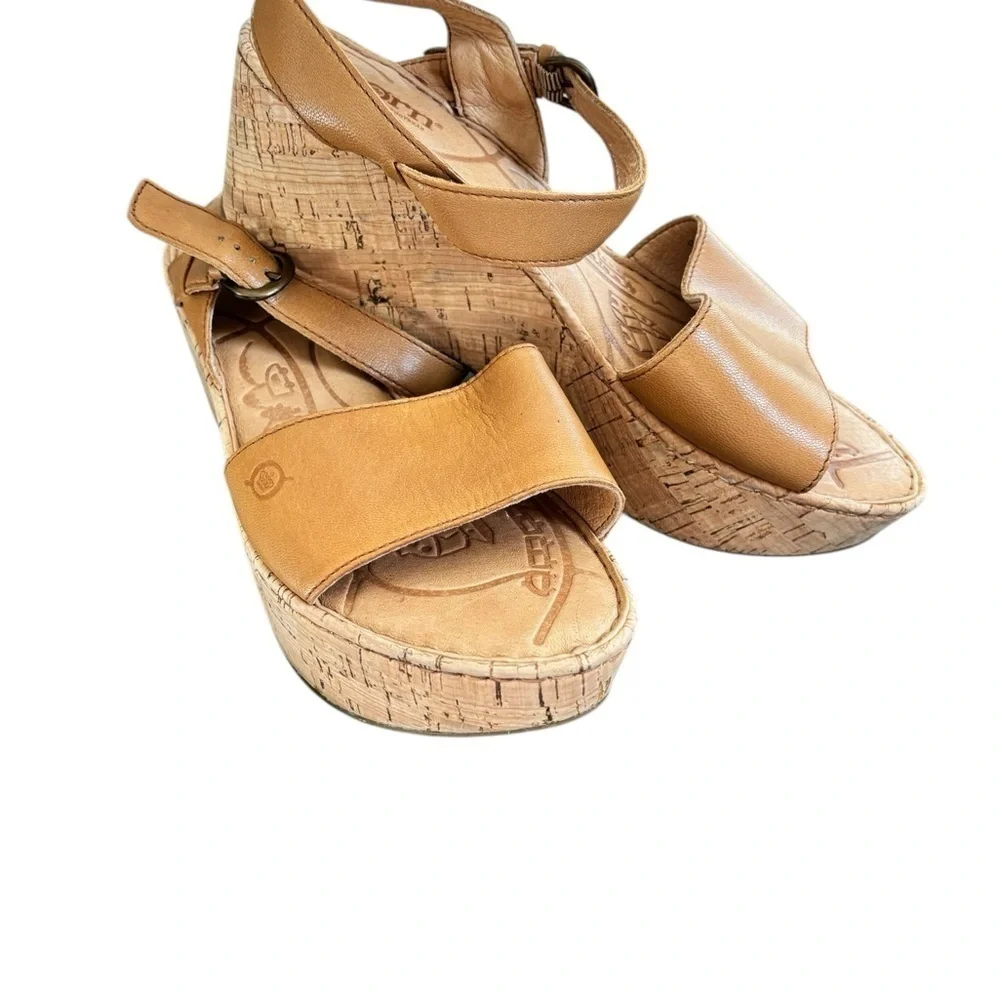 Born Platform Leather Cork Wedge Sandal Ankle Strap Brown Women's Sz 10M B81592